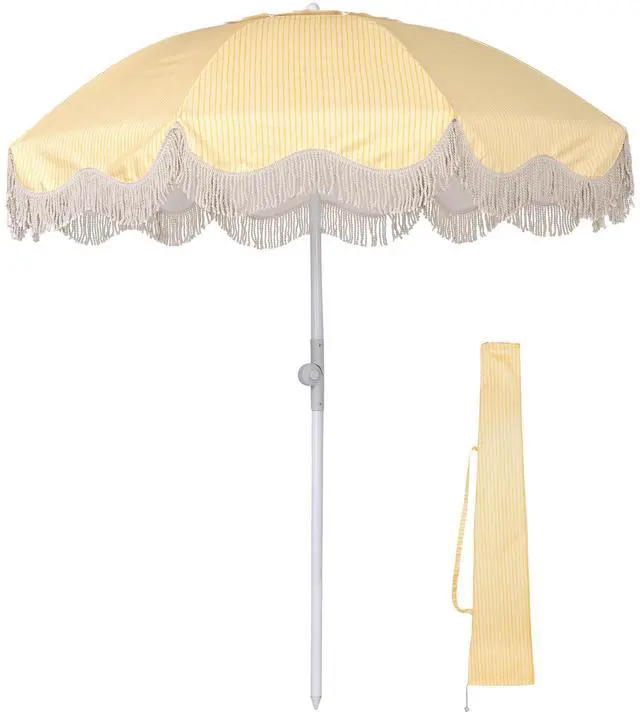 Main image of LAGarden 6Ft Fringe Patio Umbrella with Push Button Tilt Carry Bag UV30+ Outdoor Beach Yard Pool Party Deck Yellow Stripe