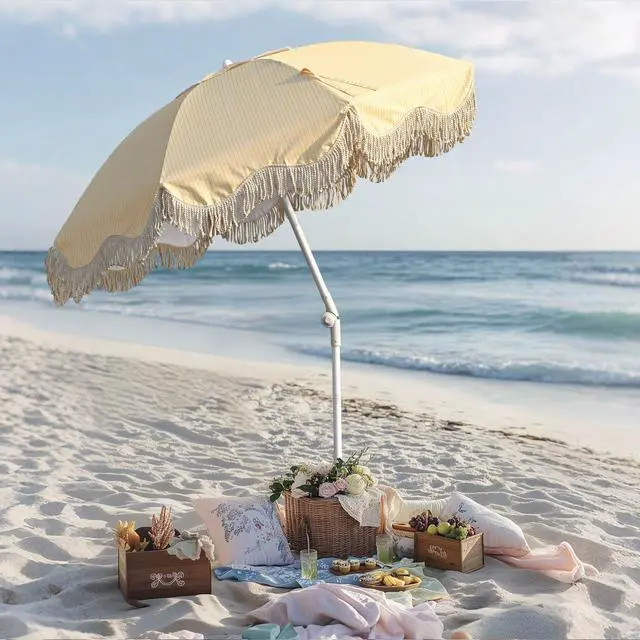 Alt view image 3 of 7 - LAGarden 6Ft Fringe Patio Umbrella with Push Button Tilt Carry Bag UV30+ Outdoor Beach Yard Pool Party Deck Yellow Stripe