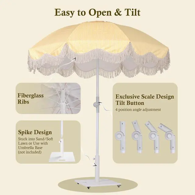 Alt view image 5 of 7 - LAGarden 6Ft Fringe Patio Umbrella with Push Button Tilt Carry Bag UV30+ Outdoor Beach Yard Pool Party Deck Yellow Stripe