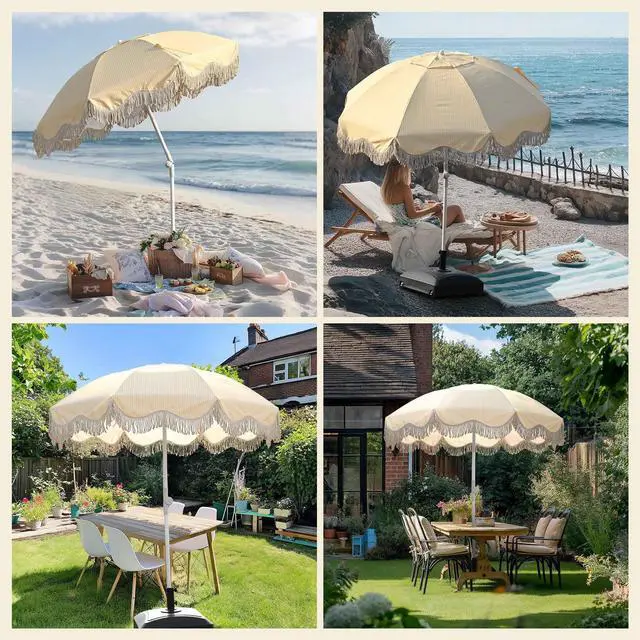 Alt view image 4 of 7 - LAGarden 6Ft Fringe Patio Umbrella with Push Button Tilt Carry Bag UV30+ Outdoor Beach Yard Pool Party Deck Yellow Stripe