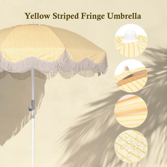 Alt view image 6 of 7 - LAGarden 6Ft Fringe Patio Umbrella with Push Button Tilt Carry Bag UV30+ Outdoor Beach Yard Pool Party Deck Yellow Stripe