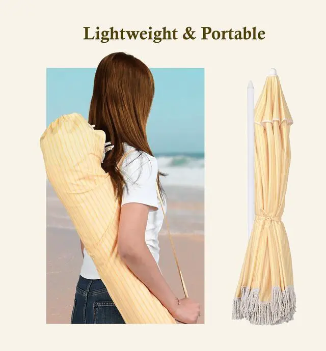 Alt view image 7 of 7 - LAGarden 6Ft Fringe Patio Umbrella with Push Button Tilt Carry Bag UV30+ Outdoor Beach Yard Pool Party Deck Yellow Stripe