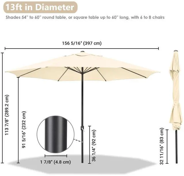 Alt view image 5 of 7 - Yescom 13 Ft Aluminum Patio Umbrella 8 Ribs Table Parasol Crank Outdoor Garden