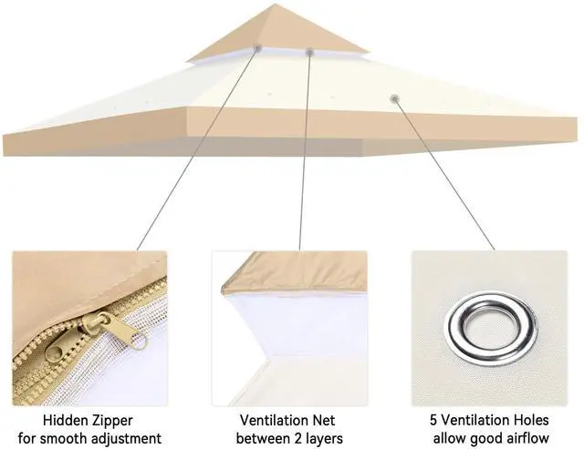 Alt view image 3 of 7 - Yescom 10x10Ft UV30+ Gazebo Replacement Top for 2 Tier Outdoor Canopy Cover Patio Backyard Party Deck Sand+Ivory