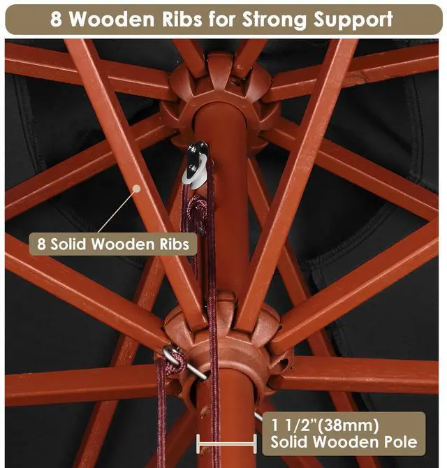 Alt view image 6 of 7 - Yescom 9FT Wooden Patio Umbrella UV30+ for Beach Pool Wedding Party Table Market Garden Yard Hotel Deck Cafe Black