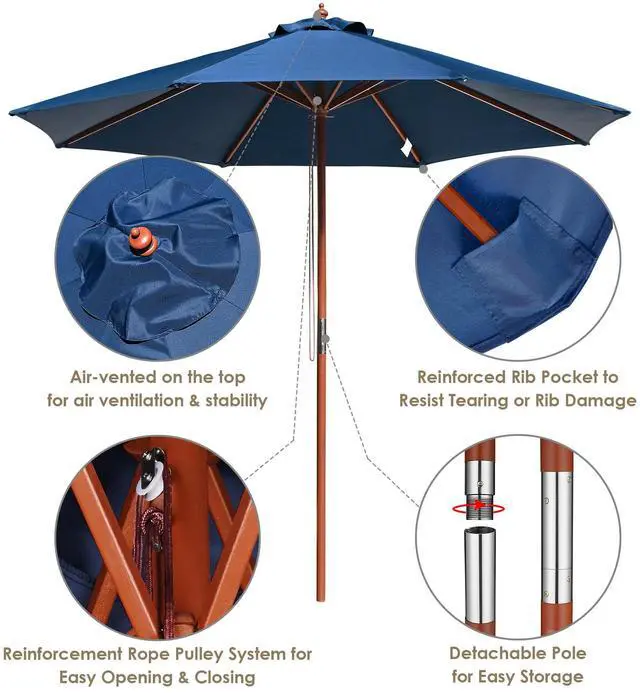 Alt view image 4 of 7 - Yescom 9ft Solid Wood Outdoor Patio Umbrella with Base Included Parasol Wheels Stand for Bistro Market Garden Deck Yard Poolside Navy
