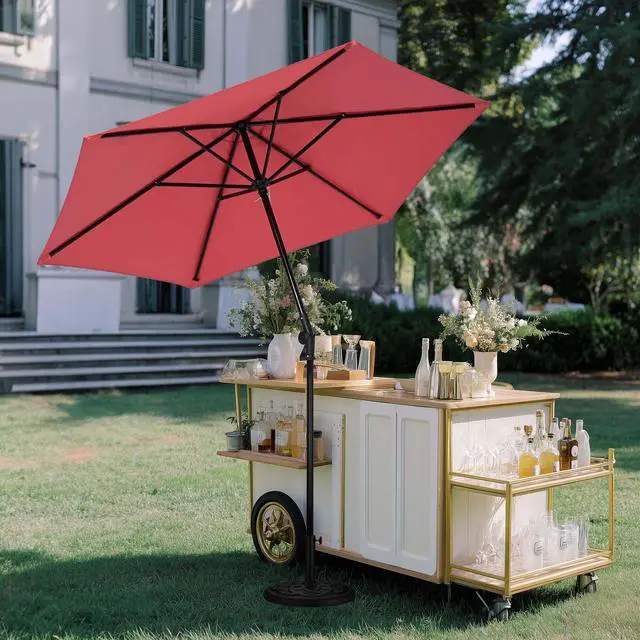 Alt view image 2 of 7 - Yescom 7.5ft Outdoor Patio Umbrella with Base Included Heavy Duty Weighted Stand Holder with Scale Tilt Sunshade Garden Parasol for Yard Deck Market Pool Red