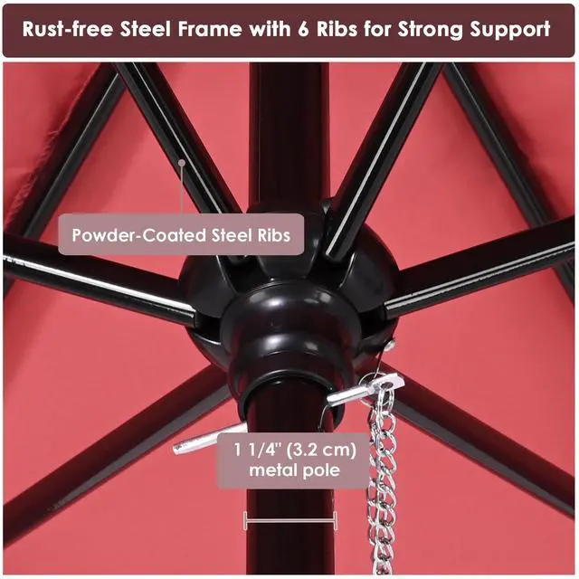 Alt view image 5 of 7 - Yescom 7.5 Ft Outdoor Patio Umbrella 6 Ribs with Scale Tilt Button Strap UV30+ Sunshade Garden Parasol for Yard Deck Market Pool Red