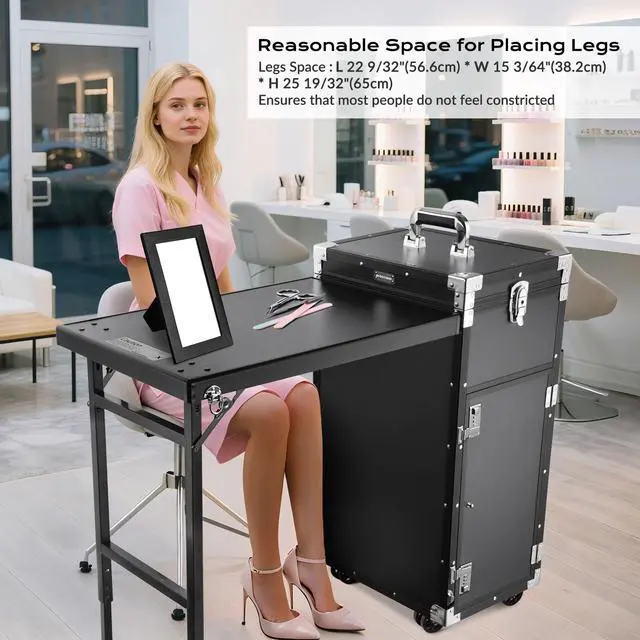 Alt view image 2 of 7 - Byootique Aluminum Rolling Nail Table with Train Case Cosmetic Organizer Black