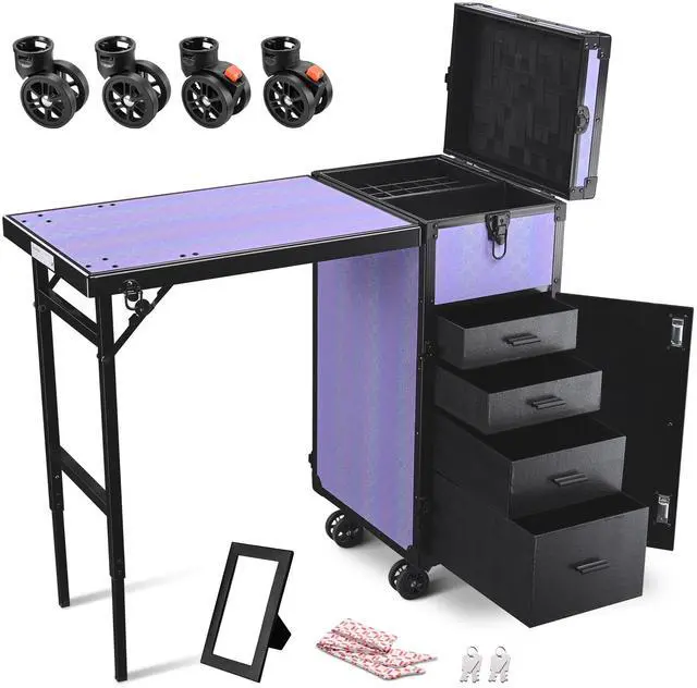 Main image of Byootique Rolling Makeup Train Case Nail Table w/ 4pcs Replacement Wheels Purple