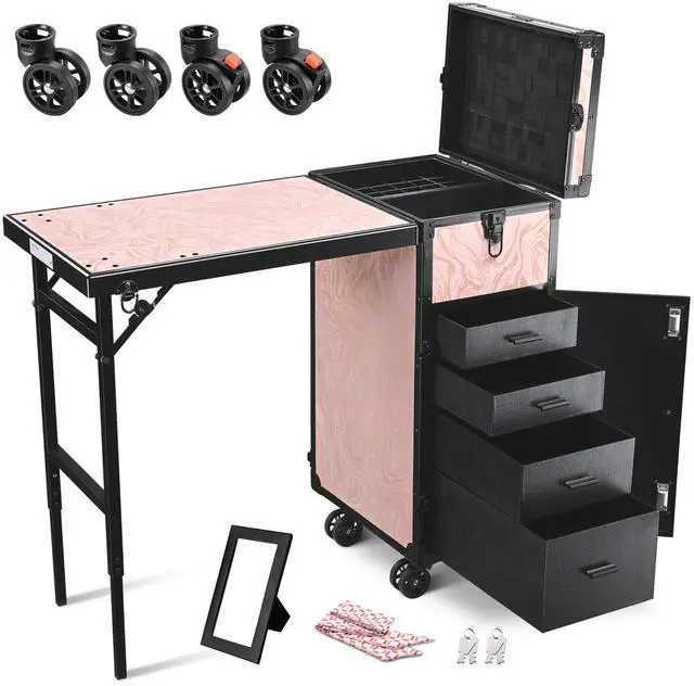Main image of Byootique Rolling Cosmetic Case Nail Table Kit w/ 4 pcs Replacement Wheels Pink