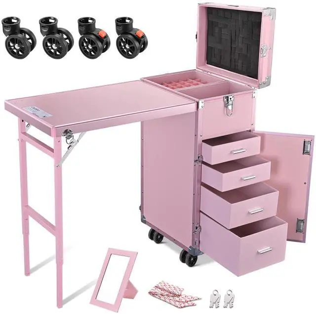 Main image of Byootique Rolling Cosmetic Case Nail Table with 4 pcs Replacement Wheels Pink