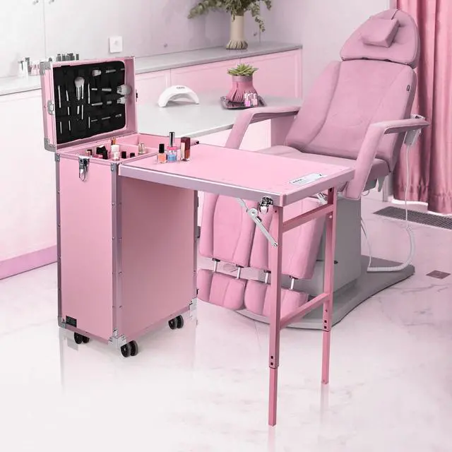 Alt view image 7 of 7 - Byootique Rolling Cosmetic Case Nail Table with 4 pcs Replacement Wheels Pink