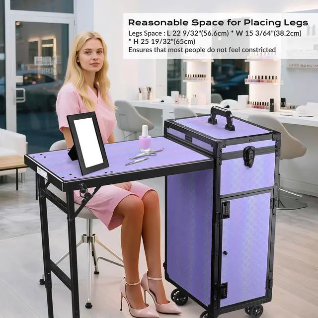 Alt view image 2 of 7 - Byootique Rolling Makeup Train Case Nail Table w/ 4pcs Replacement Wheels Purple