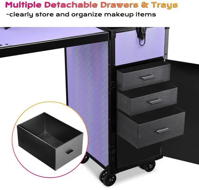 Alt view image 4 of 7 - Byootique Portable Rolling Nail Table Kit with Makeup Train Case Aluminum Purple