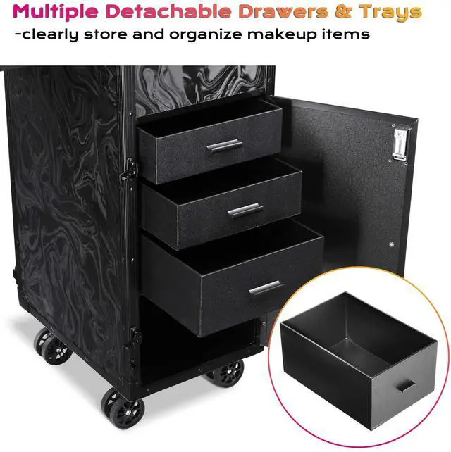 Alt view image 4 of 7 - Byootique Rolling Nail Table & Makeup Case Kit Cosmetic Organizer Aluminum Black