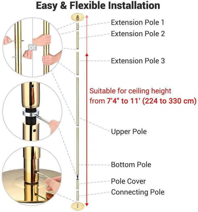 Alt view image 3 of 7 - Yescom 11 FT Gold Spinning Static Dancing Pole Kit w/ Extensions Fitness Dance Exercise