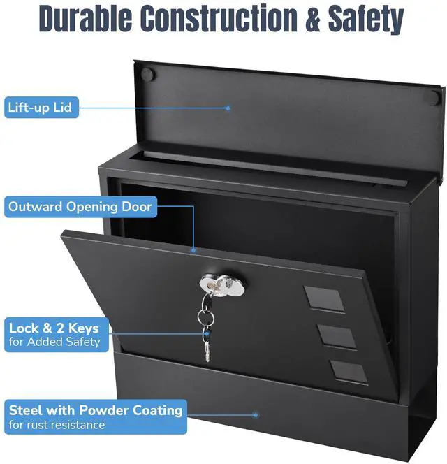 Alt view image 4 of 7 - Yescom Large Wall Mount Steel Mail Box Lockable Letterbox w/ Door & 2 Keys Home Post Security Outdoor, Black