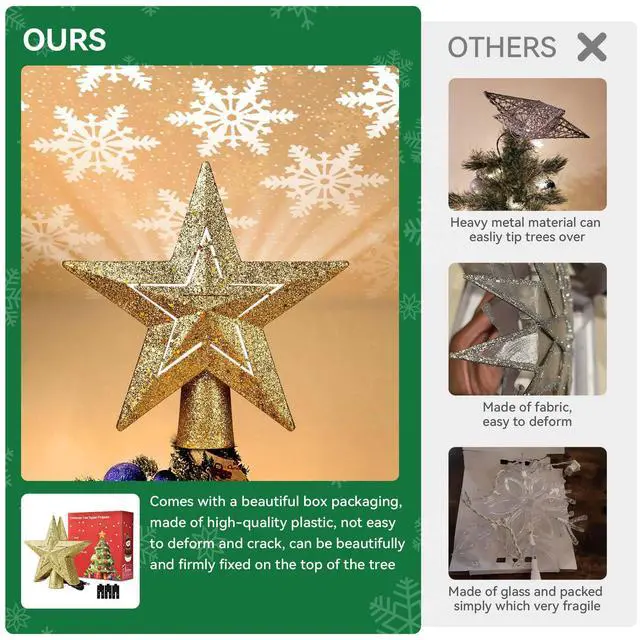Alt view image 2 of 7 - Yescom 2 Pack Christmas Tree Topper Star,3D Snowflake Rotating Projector,LED Lights,Golden Star Xmas Party Holiday Decorations