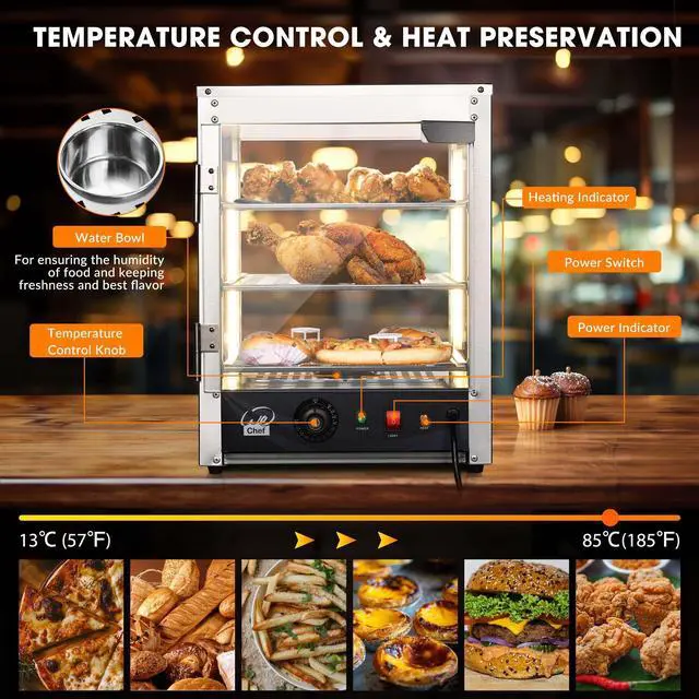 Alt view image 6 of 7 - WeChef 15" Commercial Countertop Food 3-Tier Pizza Warmer with LED Adjustable Lighting Food Heater Display Case Stainless Steel for Buffet Restaurant Pizza Display Case