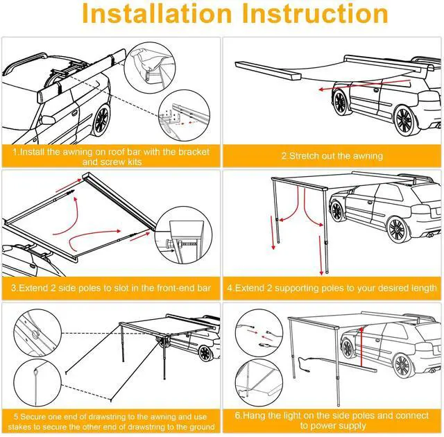 Alt view image 7 of 7 - Yescom Car Awning with LED for SUV 4.6FT x 6.6FT Caravan Camping Side Rooftop Tailgate Canopy Tent Shelter Tarp
