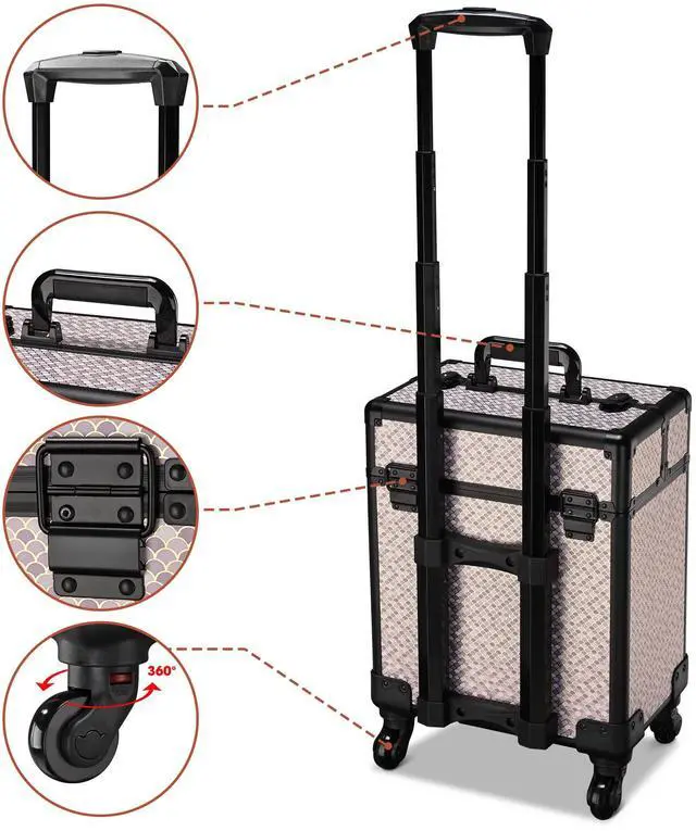 Alt view image 4 of 7 - BYOOTIQUE Rolling Makeup Train Case on Wheels 3-Piece Hairdressing Brush Bags Cosmetology Art Deco Graphite