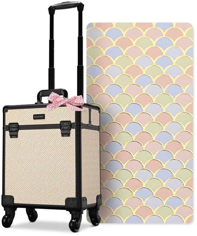 Main image of Byootique Rolling Makeup Train Case on Wheels Cosmetic Trolley Art Deco Pastel