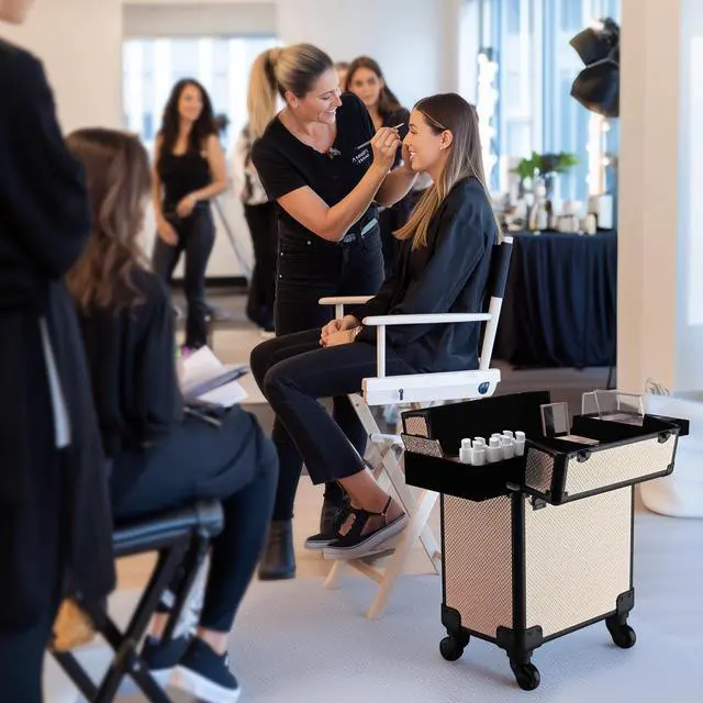 Alt view image 7 of 7 - Byootique Rolling Makeup Train Case on Wheels Cosmetic Trolley Art Deco Pastel