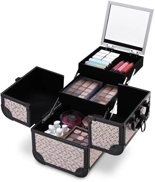 Alt view image 5 of 7 - BYOOTIQUE Rolling Makeup Train Case on Wheels 3-Piece Hairdressing Brush Bags Cosmetology Art Deco Graphite