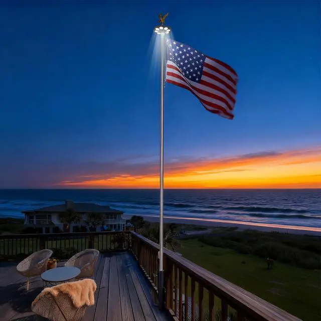 Alt view image 3 of 7 - Yescom 20 Ft Sectional Flag Pole Kit with Solar Light & Deck Mount Bravery MEGA Aluminum Inground Flagpole for Outdoor Patio Dock Side Silver