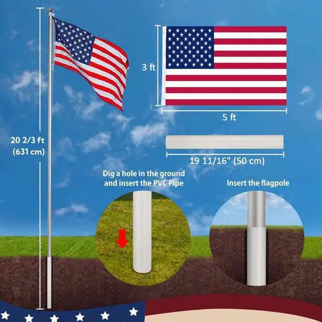 Alt view image 7 of 7 - Yescom 20 Ft Sectional Flag Pole Kit with Solar Light & Deck Mount Bravery MEGA Aluminum Inground Flagpole for Outdoor Patio Dock Side Silver