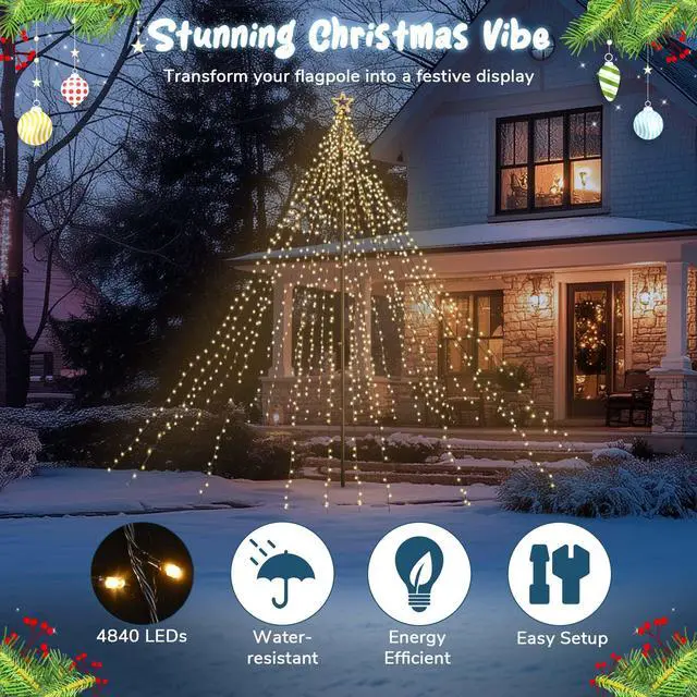 Alt view image 4 of 7 - Yescom 4840 LED 20Ft Flag Pole Christmas Tree Light Kit Giant-Sized with Star Top for Outdoor Holiday Decor Event, Warm White