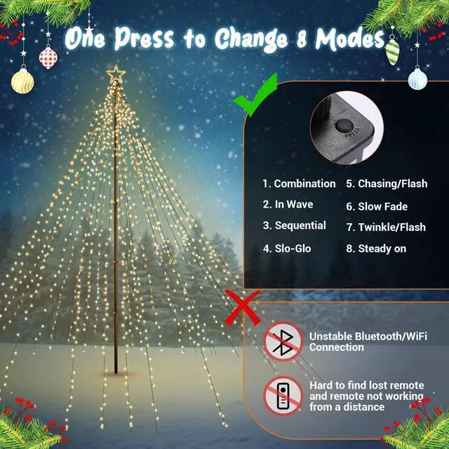 Alt view image 6 of 7 - Yescom 4840 LED 20Ft Flag Pole Christmas Tree Light Kit Giant-Sized with Star Top for Outdoor Holiday Decor Event, Warm White