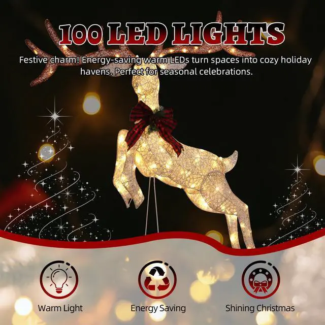 Alt view image 4 of 7 - Yescom 5FT Pre-lit Lighted Jumping Reindeer Christmas Decorations with Bow 100 Warm LEDs Metal Frame for Indoor Outdoor Holiday Displays