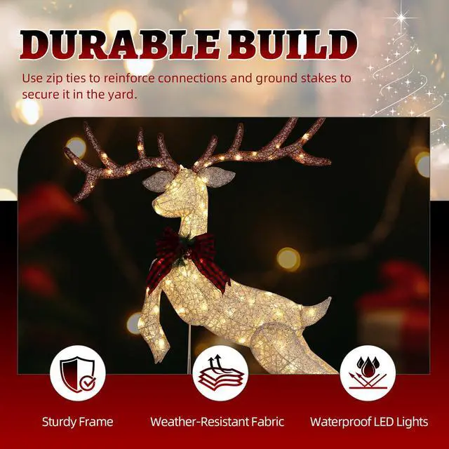 Alt view image 6 of 7 - Yescom 5FT Pre-lit Lighted Jumping Reindeer Christmas Decorations with Bow 100 Warm LEDs Metal Frame for Indoor Outdoor Holiday Displays