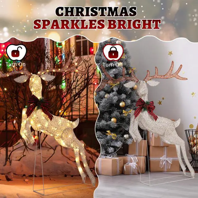 Alt view image 7 of 7 - Yescom 5FT Pre-lit Lighted Jumping Reindeer Christmas Decorations with Bow 100 Warm LEDs Metal Frame for Indoor Outdoor Holiday Displays