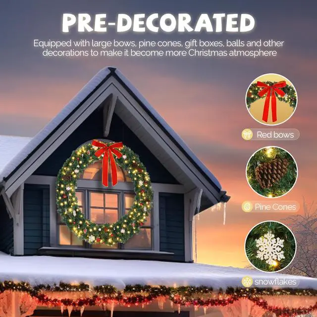 Alt view image 2 of 7 - Yescom 5Ft Pre-lit LED Christmas Wreath Decoration with 220 Lights 600 Branches PVC Bow for Indoor Outdoor Door Wall Window Display
