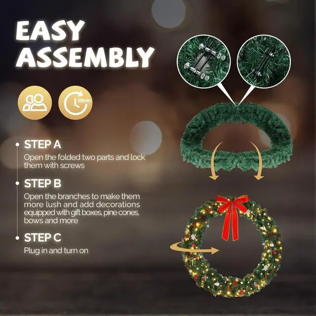 Alt view image 5 of 7 - Yescom 5Ft Pre-lit LED Christmas Wreath Decoration with 220 Lights 600 Branches PVC Bow for Indoor Outdoor Door Wall Window Display