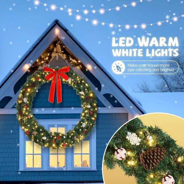 Alt view image 3 of 7 - Yescom 5Ft Pre-lit LED Christmas Wreath Decoration with 220 Lights 600 Branches PVC Bow for Indoor Outdoor Door Wall Window Display