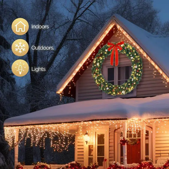 Alt view image 6 of 7 - Yescom 5Ft Pre-lit LED Christmas Wreath Decoration with 220 Lights 600 Branches PVC Bow for Indoor Outdoor Door Wall Window Display