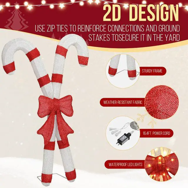 Alt view image 4 of 7 - Yescom Christmas Pre-lit LED Candy Cane Lights Red Bowknot with Metal Frame for Outdoor Indoor Yard Garden Porch Holiday Displays