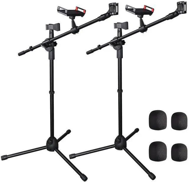 Main image of 2 Pack Microphone Boom Arm Stand Adjustable Tripod W/ Phone Holder Dual Mic Clip