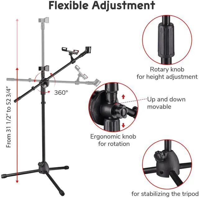 Alt view image 2 of 7 - 2 Pack Microphone Boom Arm Stand Adjustable Tripod W/ Phone Holder Dual Mic Clip