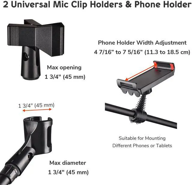 Alt view image 4 of 7 - 2 Pack Microphone Boom Arm Stand Adjustable Tripod W/ Phone Holder Dual Mic Clip