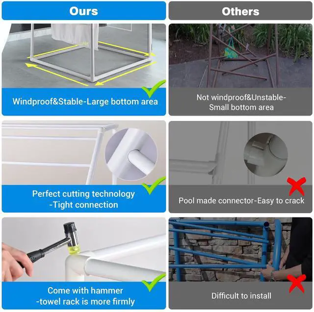 Alt view image 3 of 7 - Yescom Free Standing Pool Side PVC Towel Rack Holder Heavy Duty 7 Bar for Outdoor Floats Dryer Clothes Drying Laundry Storage Organizer