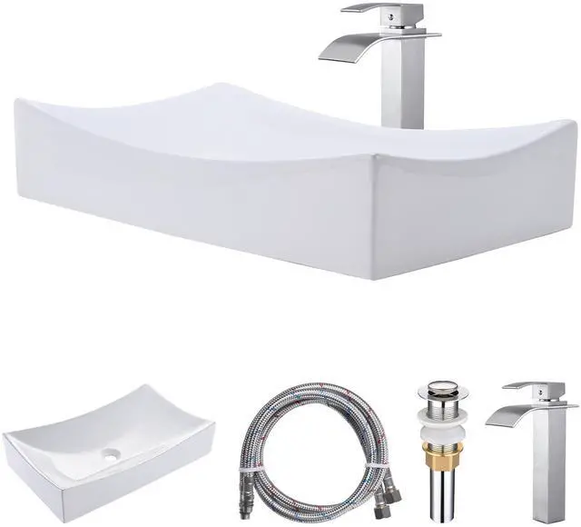Alt view image 7 of 7 - Aquaterior Rectangle Countertop Ceramic Vessel Sink Kit Single Handle Faucet