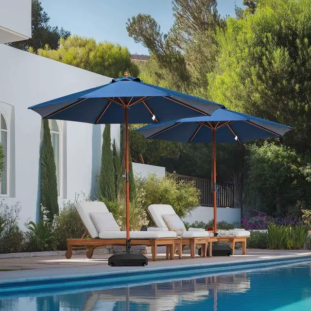 Alt view image 5 of 7 - Yescom 9ft Solid Wood Outdoor Patio Umbrella with Base Included Parasol Wheels Stand for Bistro Market Garden Deck Yard Poolside Navy