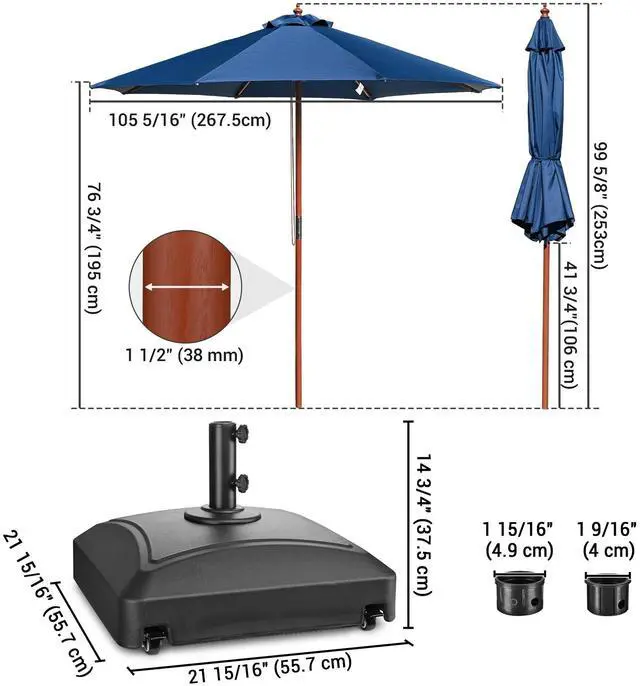 Alt view image 6 of 7 - Yescom 9ft Solid Wood Outdoor Patio Umbrella with Base Included Parasol Wheels Stand for Bistro Market Garden Deck Yard Poolside Navy