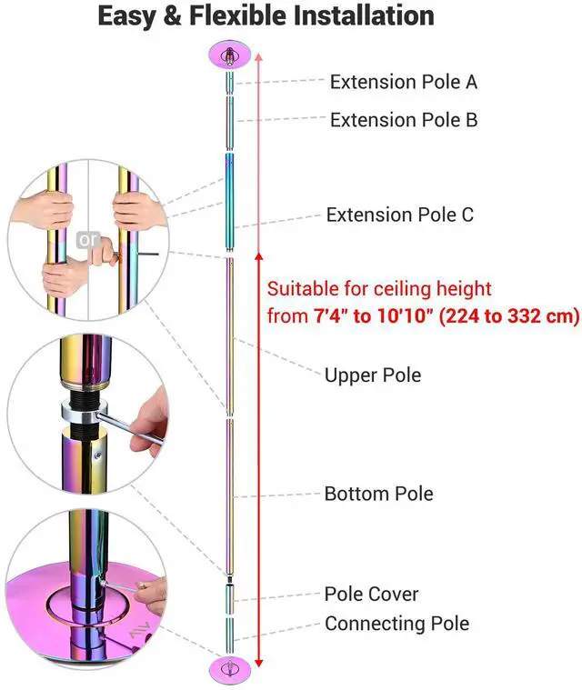Alt view image 3 of 7 - Yescom 10.8FT Professional Stripper Pole Static Spinning Dancing Pole Kit with Extensions for Home Gym Fitness,Colorful