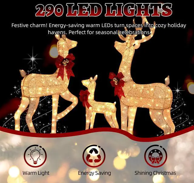 Alt view image 4 of 7 - Yescom 3-Piece 5FT Pre-lit Christmas Reindeer Family Set with 290 LED Lights for Outdoor Indoor Home Yard Lawn Decorations, Golden